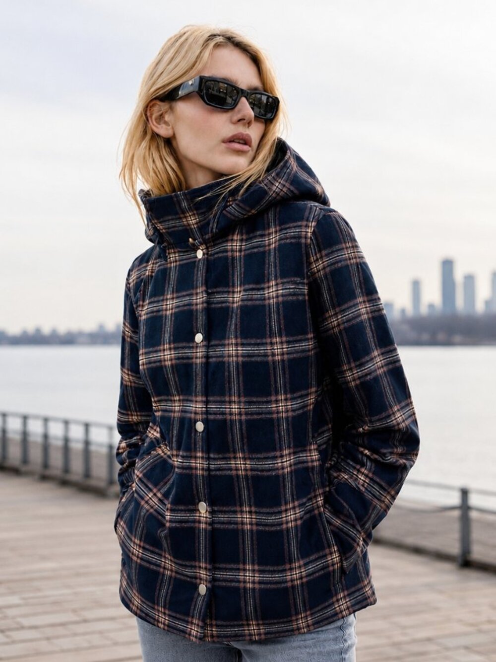 ZARA Plaid Hooded Puffer Funnel Neck Jacket Navy XS NWOT